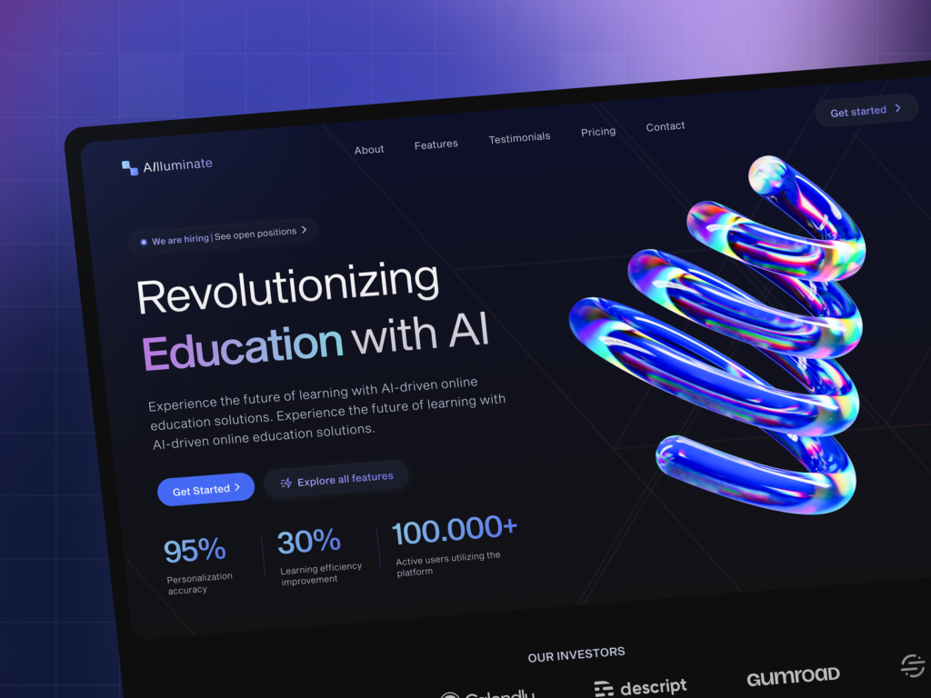 A screenshot of the Alluminate website showcasing a headline about "Revolutionizing Education with AI" and featuring statistics on personalization accuracy, learning efficiency improvement, and user numbers.