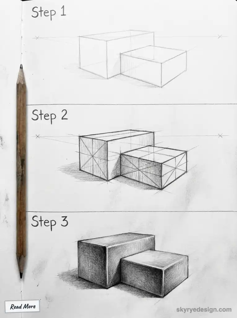 Step-by-step guide to sketch 3D boxes: outline, add depth with grid lines, shade for realism. Pencil on paper.