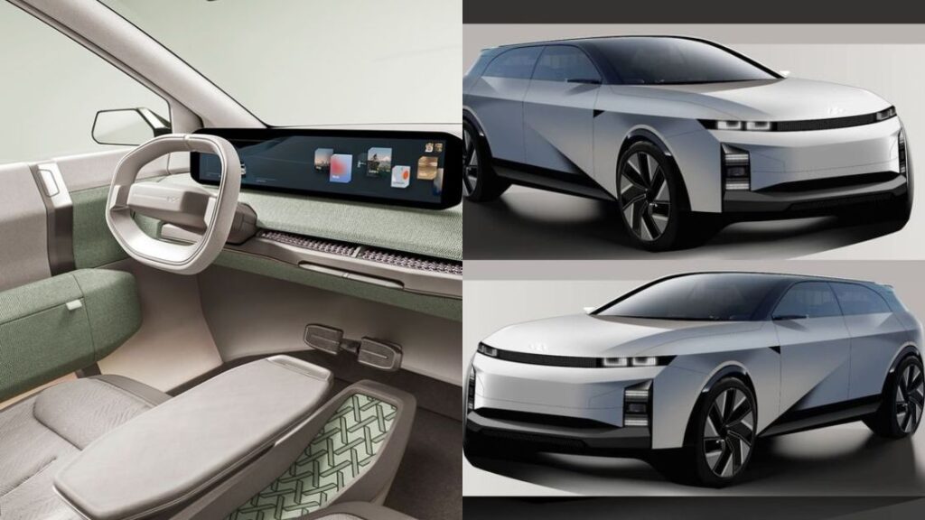 A split image showing a futuristic car interior on the left and two exterior renderings of the car, focusing on its sleek, modern design, on the right.