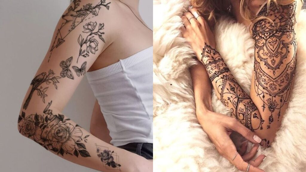 Two tattooed arms: the left arm has floral and butterfly designs, while the right arm features intricate henna-style patterns. Both arms are partially visible and showcased against different backgrounds.