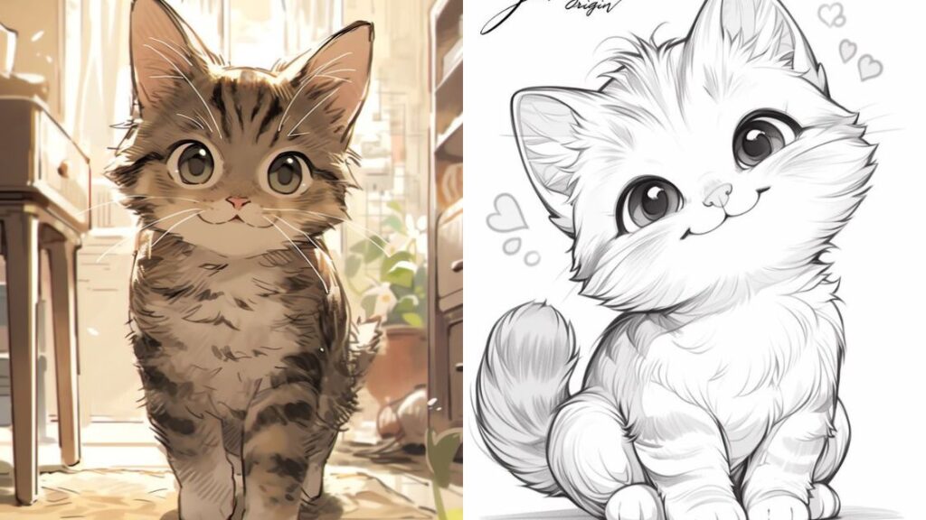 A side-by-side comparison of a realistic drawing of a striped cat on the left and a cartoon-style drawing of a fluffy cat with hearts around it on the right.