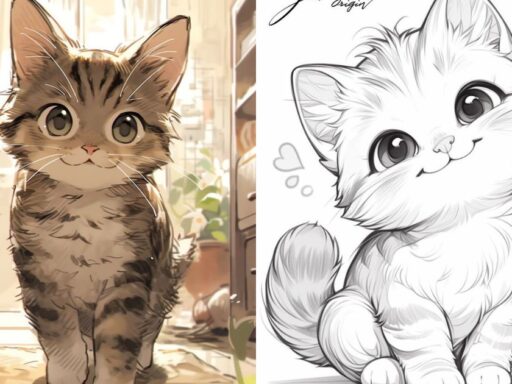 A side-by-side comparison of a realistic drawing of a striped cat on the left and a cartoon-style drawing of a fluffy cat with hearts around it on the right.