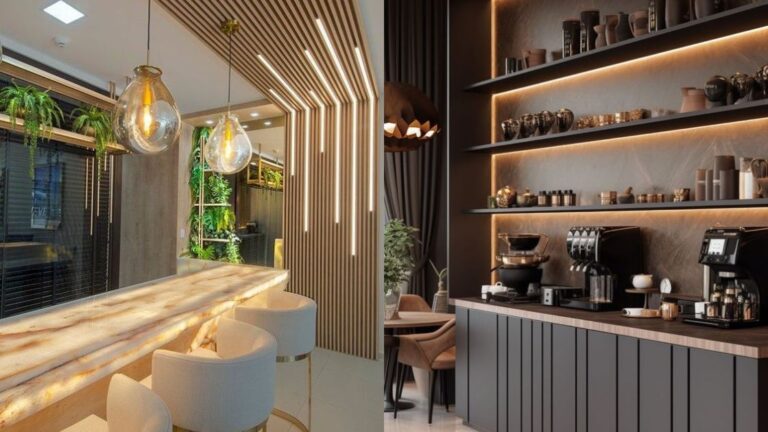 A modern coffee shop interior featuring a marble counter with stools, hanging lights, and plants on the left; and a sleek coffee brewing station with cup storage and ambient lighting on the right.