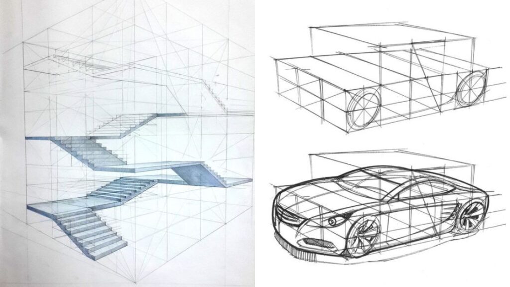 Side-by-side geometric sketches show stairs with perspective lines on the left and a car with similar perspective guidelines on the right.