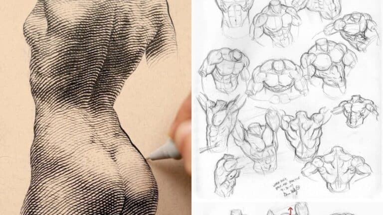 sky-rye-design-blog-post (8) A hand drawing a detailed sketch of a human torso on the left, and various anatomical sketches of muscular upper bodies on the right. | Sky Rye Design A hand drawing a detailed sketch of a human torso on the left, and various anatomical sketches of muscular upper bodies on the right.