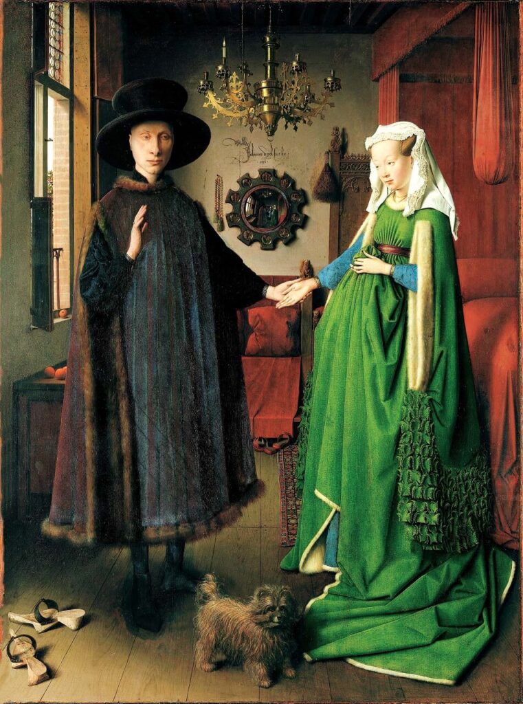 A historical painting depicts a man and a woman in formal attire holding hands in a room with a chandelier and a small dog at their feet. The woman wears a green dress, and the man wears a dark cloak and hat.