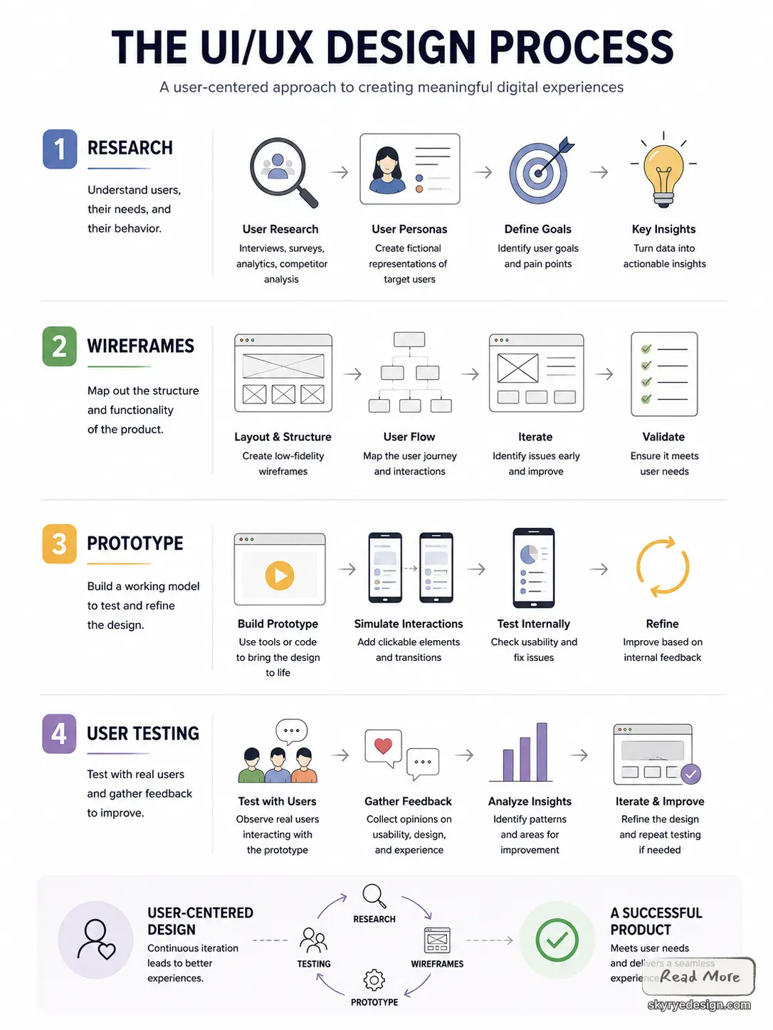 dfc3209c-ac10-4ded-b9a0-104884e55384 Infographic of the UI/UX design process: research, wireframes, prototype, user testing workflow | Sky Rye Design Infographic of the UI/UX design process: research, wireframes, prototype, user testing workflow
