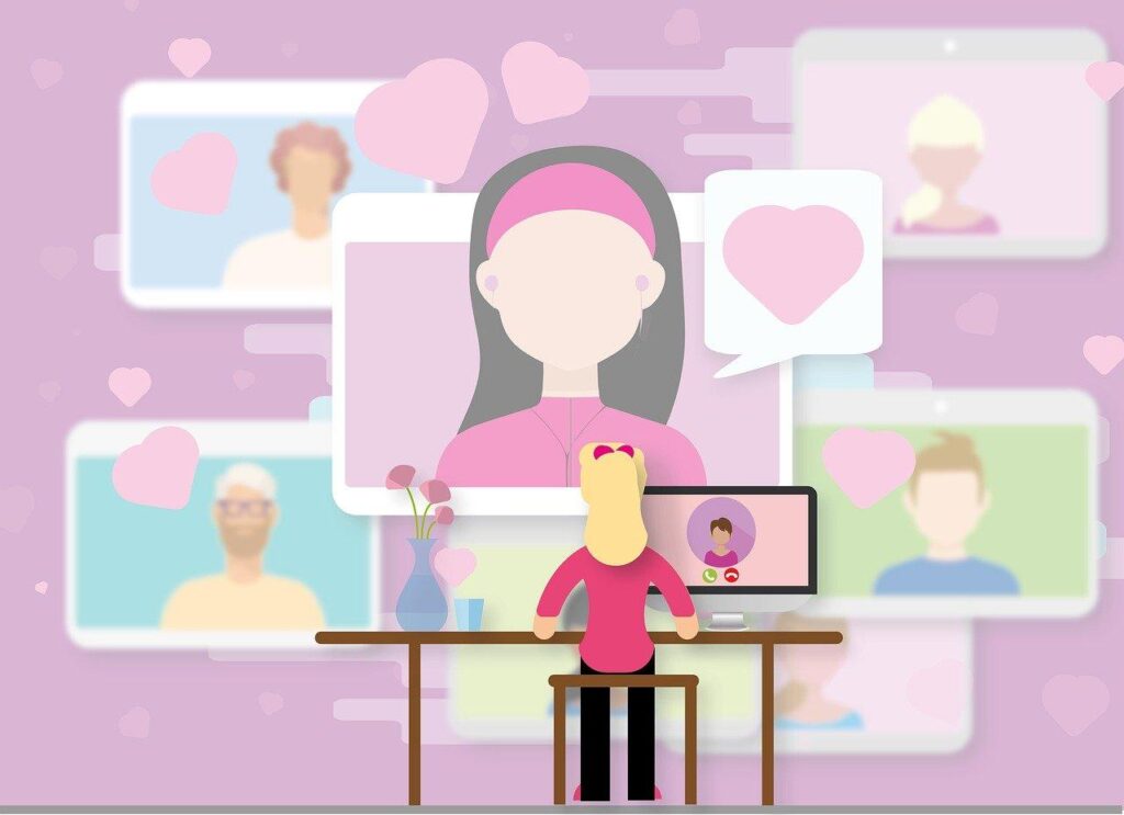 Illustration of a person at a desk engaged in a virtual video call, surrounded by floating heart icons and screens showing other participants.