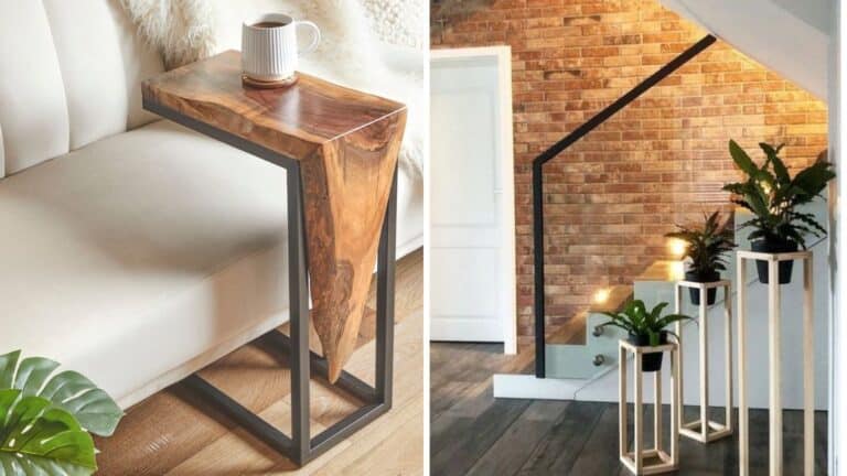 diy-home-decor A small wooden side table with a steel frame is next to a white sofa, and three metal plant stands with potted plants are arranged beside stairs in a brick-walled room. | Sky Rye Design A small wooden side table with a steel frame is next to a white sofa, and three metal plant stands with potted plants are arranged beside stairs in a brick-walled room.