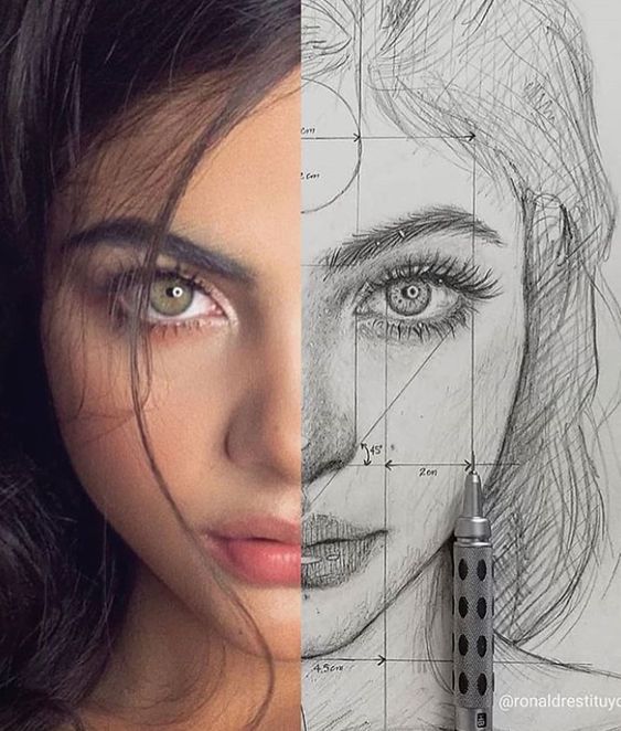 Split image showing half real woman's face, half pencil-drawn portrait with grid lines.