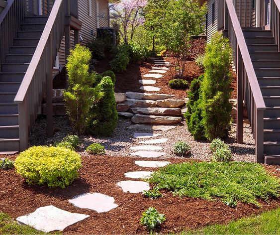 Beautiful landscaped stone path with steps and lush green plants between two wooden staircases in a garden.