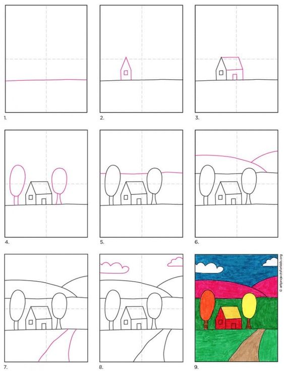 Step-by-step drawing tutorial of a colorful house landscape.
