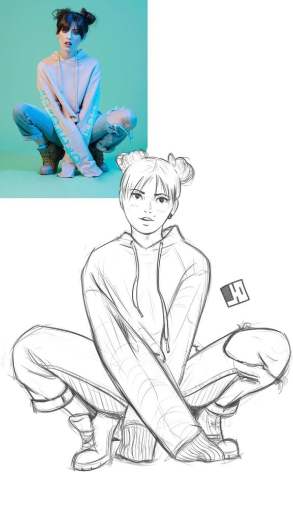 A photograph of a woman with two buns in her hair wearing a hoodie and ripped jeans, alongside a sketch of the same woman in the same pose.