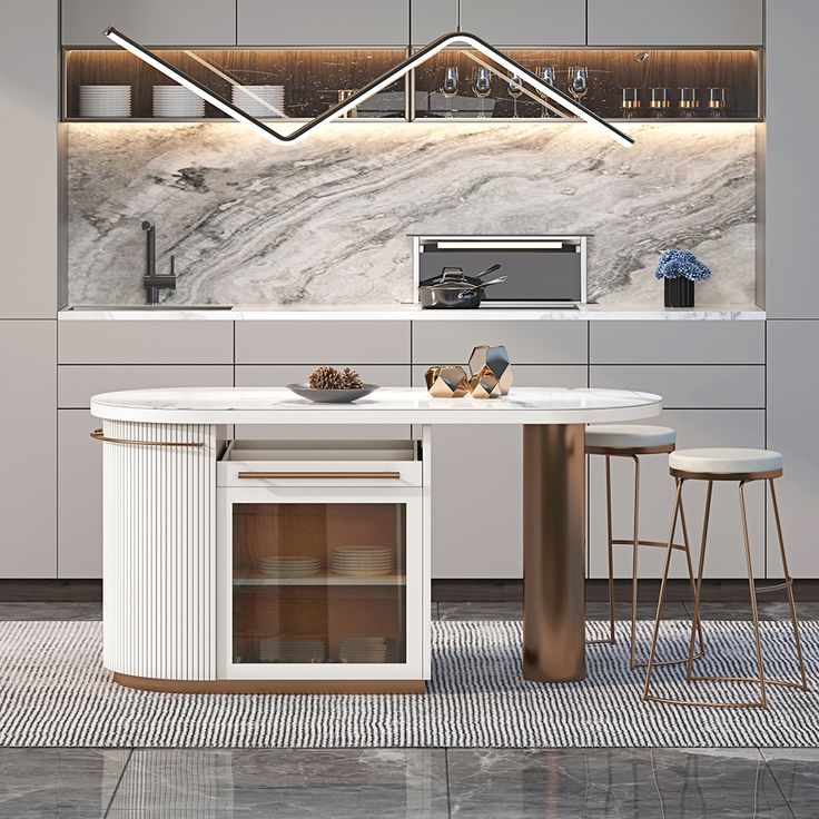 Modern kitchen with marble countertop, sleek cabinets, unique geometric lighting, and an elegant island with bar stools.