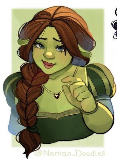 Illustration of a green-skinned character with long braided hair, wearing a medieval-style dress and necklace. Art by @Naman-Doodles.