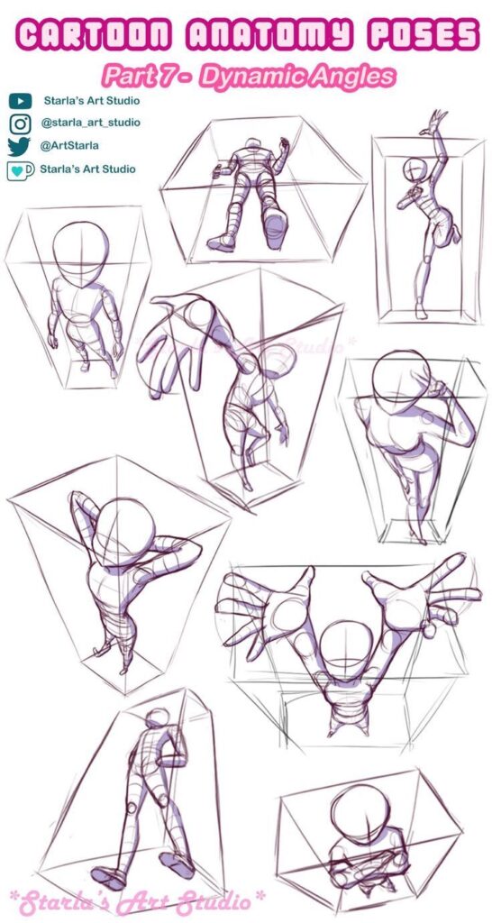 Cartoon anatomy poses for dynamic angles, Part 7. Image by Starla’s Art Studio with social media handles included.