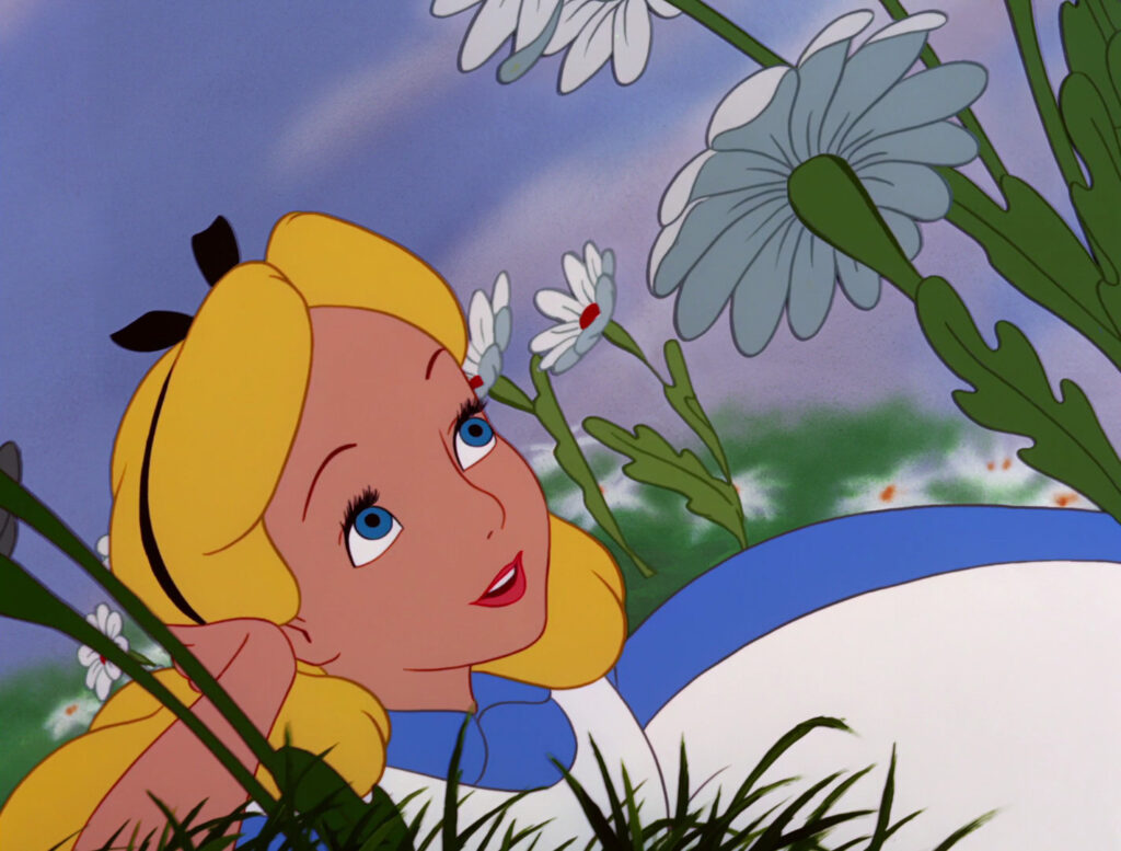 Animated girl with blonde hair and blue dress lying in a field of daisies, looking up dreamily at the sky.