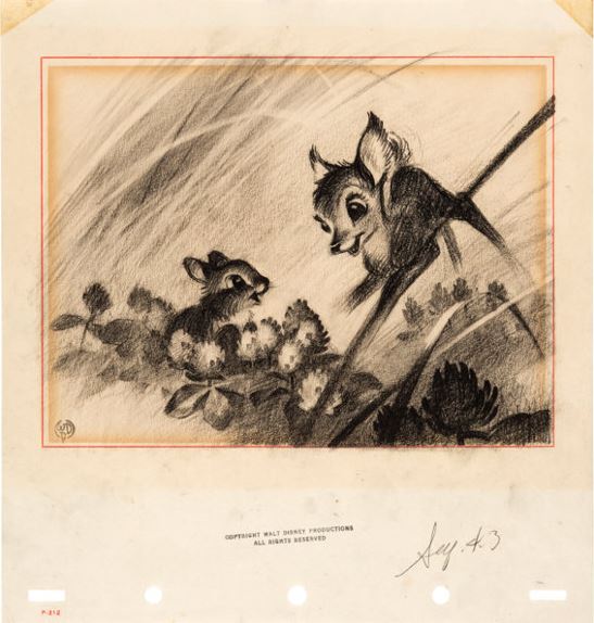 Vintage sketch of two animated deer characters in a forest scene from Walt Disney Productions, dated August 1943.