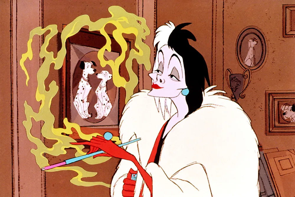 Animated villain in fur coat holding long cigarette holder, with framed dalmatian dog picture in background.