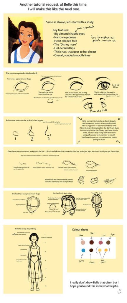 Step-by-step tutorial on how to draw Belle from Disney's Beauty and the Beast, featuring key tips and color sheet.