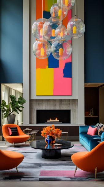 Modern living room with colorful abstract art, vibrant furniture, and glass bubble chandeliers above a stylish coffee table.