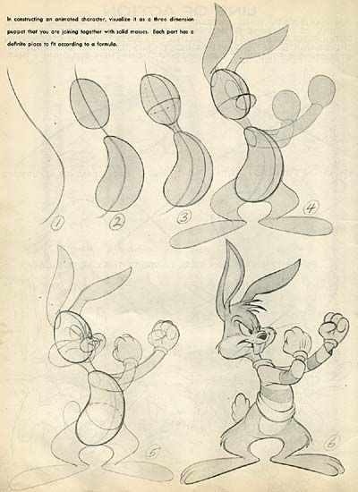 Step-by-step guide to drawing an animated rabbit character, showing six stages from basic shapes to detailed features.
