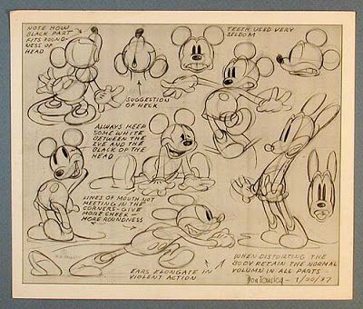 Sketches showing different poses and expressions of a famous cartoon mouse character with annotations by the artist.