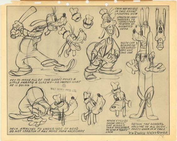 Sketches of Goofy with annotations on various poses and expressions for animators, highlighting key features and tips.