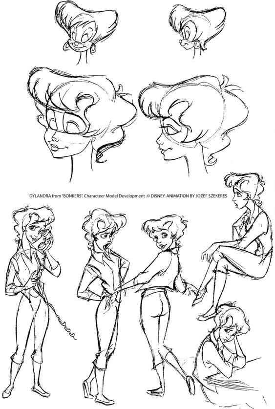 Sketches of Dylandra from Bonkers by Disney, featuring various poses and expressions. Character model by Jozef Szekeres.
