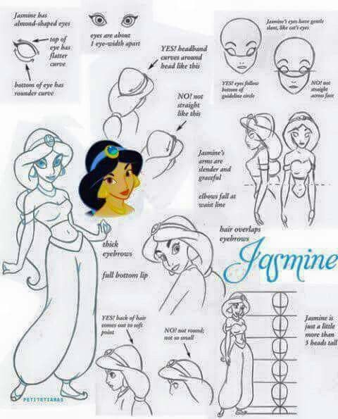 Character design sheet for Princess Jasmine, featuring sketches, detailed notes on facial and body proportions, and expressions.