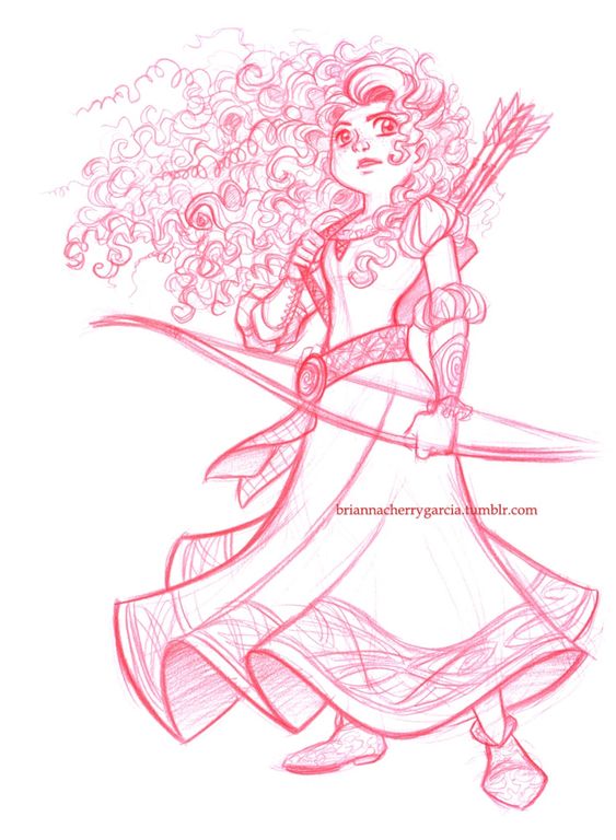 Sketch of a curly-haired girl with a bow and arrows, wearing a dress and arm guard, drawn by briannacherrygarcia.tumblr.com.