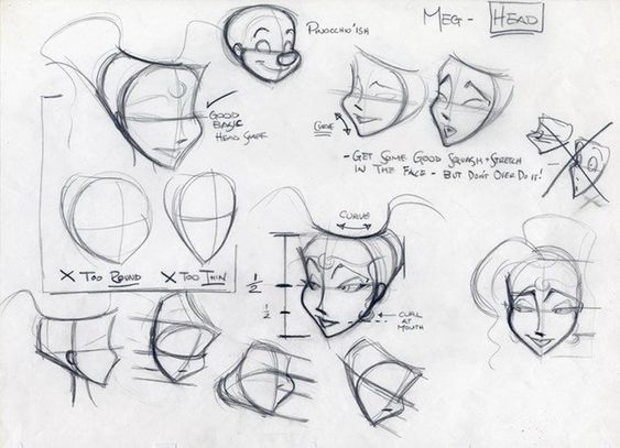 Animation sketch of female character's head showing different angles, expressions, and proportions for drawing guidelines.
