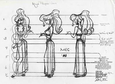 Character design sketch of Meg from Disney's Hercules, showing front, side, and back views, with handwritten notes.
