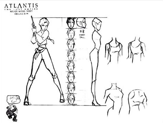 Character model sheet for Atlantis: The Lost Empire featuring full-body and head sketches, proportions, and details.