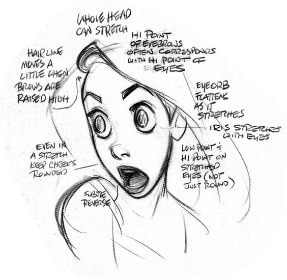 Sketch of a surprised cartoon character with annotated notes on facial expression details, head stretch, and eyebrow movement.