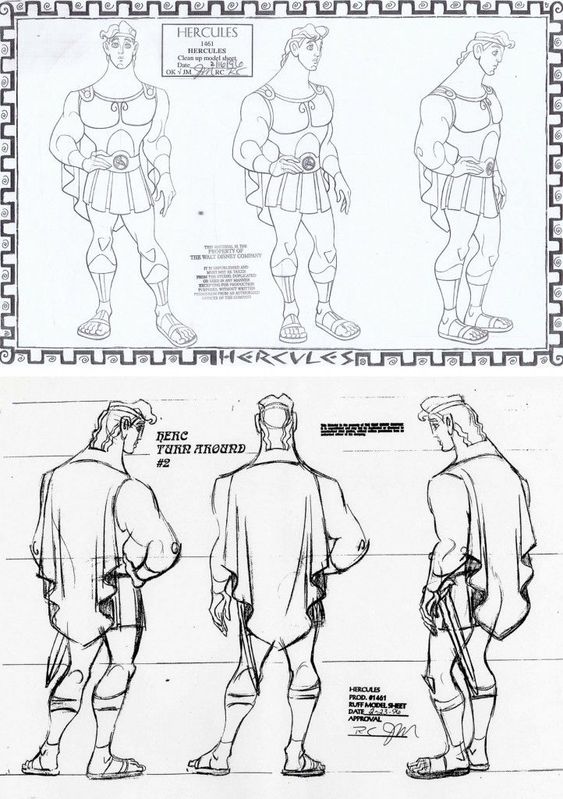 Character design sketches of Disney's Hercules, showcasing front, side, and back views of the character’s attire and stance.