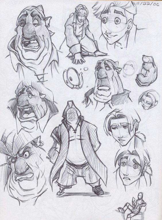 Sketch of various expressive cartoon characters with distinct emotions, drawn in pencil on a white background.