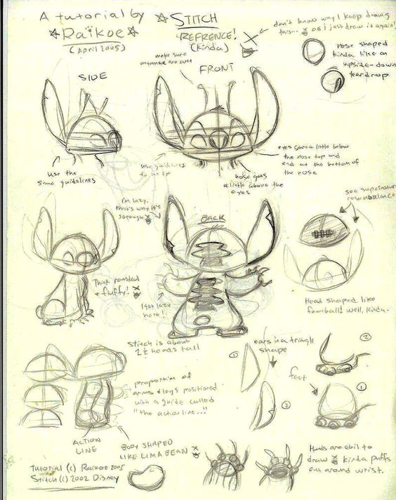 Sketch tutorial of Stitch from Disney's Lilo & Stitch, showing front, back, and side views with drawing guidelines and notes.