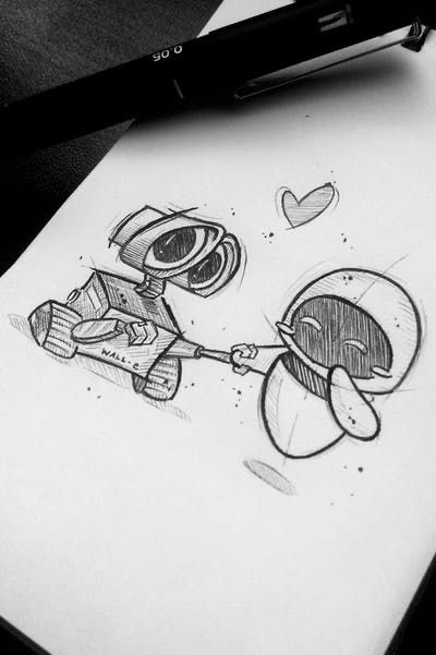 Sketch of a cute robot and a tiny character holding hands with a love heart above, pen lying on the side.