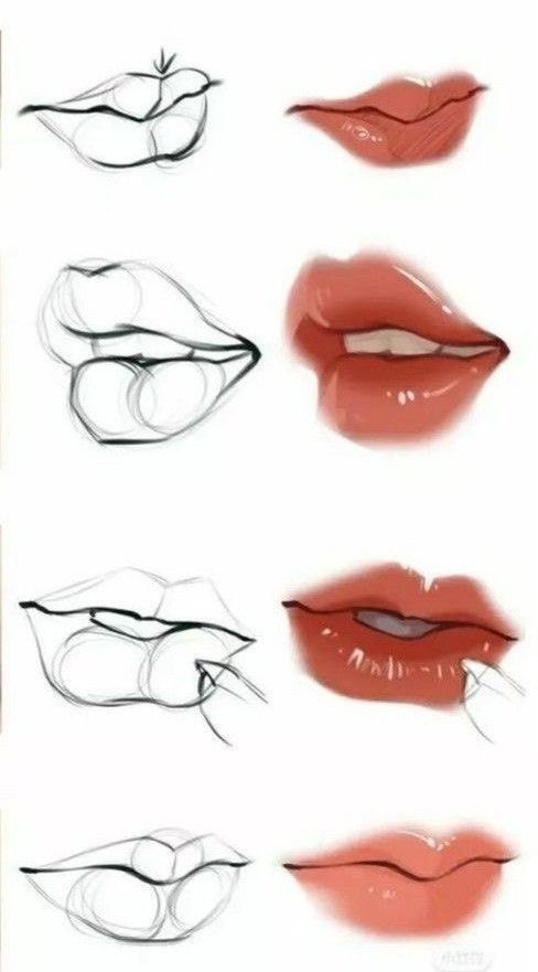 Art tutorial showing step-by-step drawing and coloring of lips from sketch outlines to realistic digital illustrations.