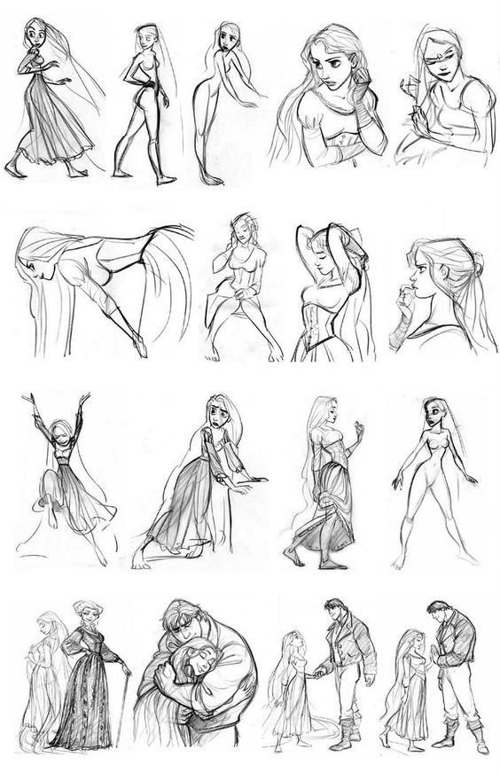 Sketches of a long-haired woman and other characters in various poses, illustrating different emotions and actions.