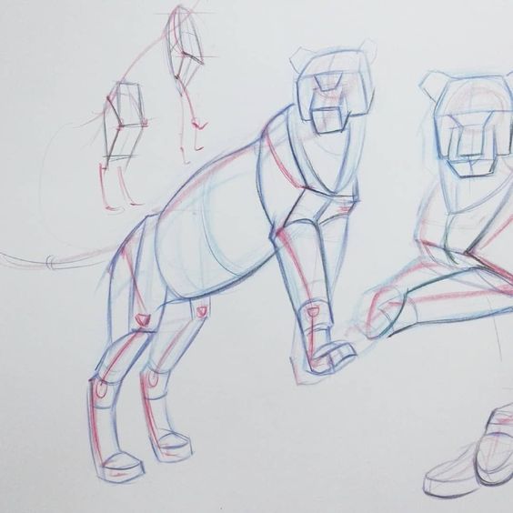 Pencil sketch of two feline figures in motion, with basic structural outlines and anatomy practice for art study.