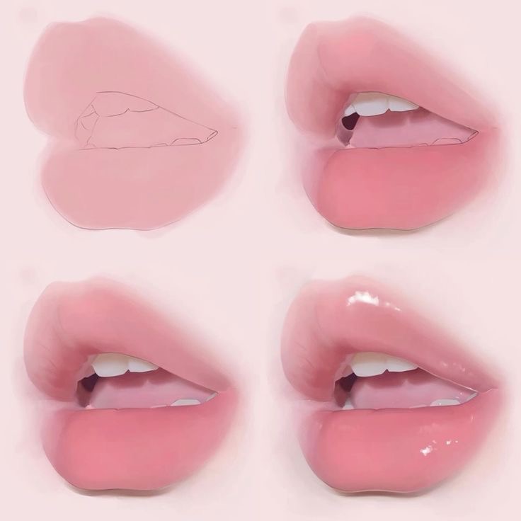 Digital painting tutorial of pink lips, step-by-step illustration, from sketch to glossy finish, realistic art technique.