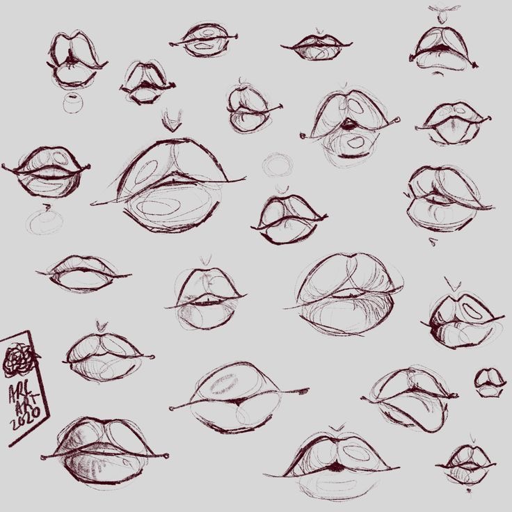 Hand-drawn sketches of various lip and mouth shapes, illustrating different expressions and angles. Art, 2020.