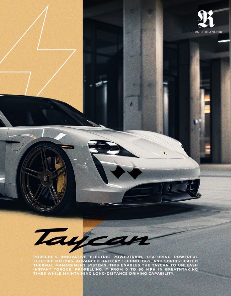 Porsche Taycan showcasing sleek design and electric powertrain with advanced battery technology in a modern setting.