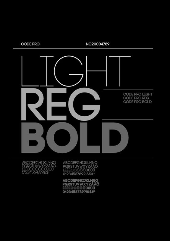 Typography poster showcasing Code Pro fonts in variations: Light, Regular, and Bold, with alphabet and numbers.