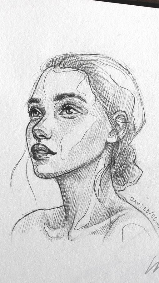Pencil sketch of a young woman gazing upward, detailed shading, on textured paper.