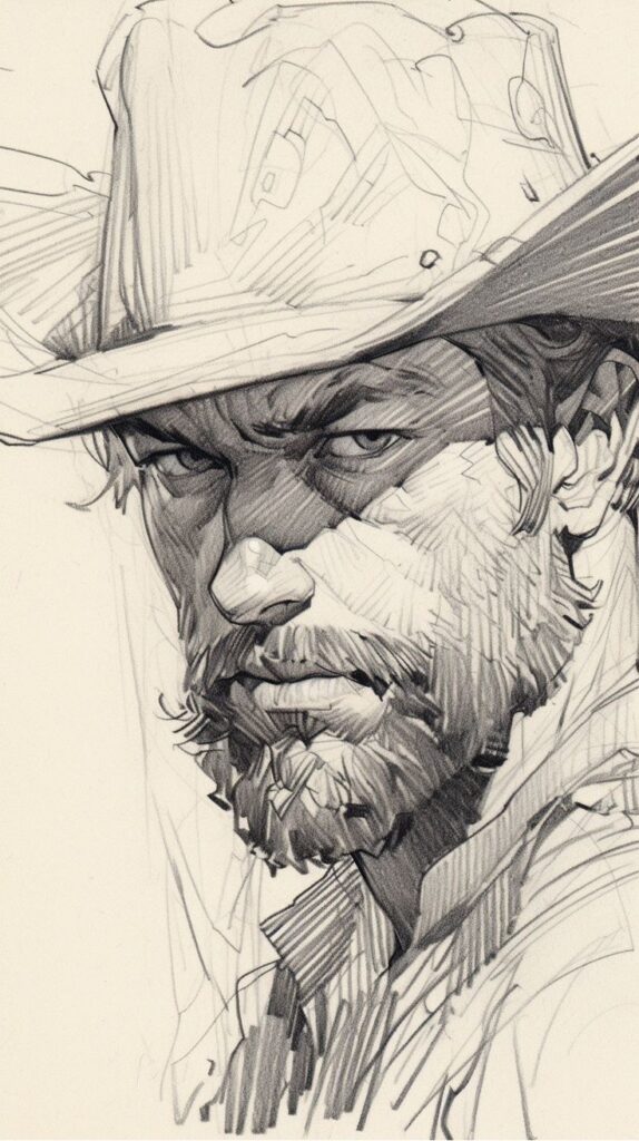 Pencil sketch of a stern-faced man with a beard wearing a cowboy hat.