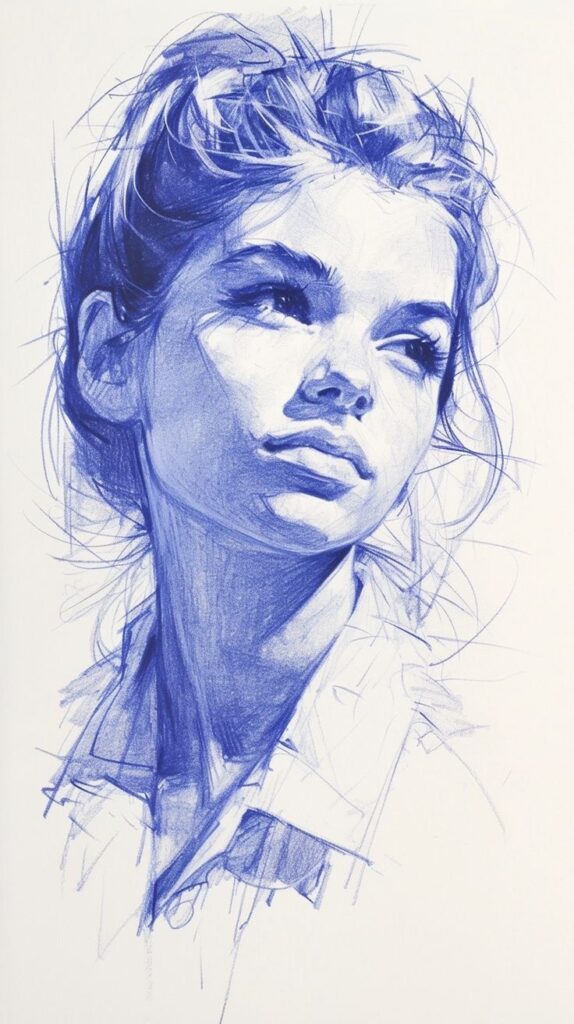 Blue ballpoint pen sketch of a young woman's contemplative portrait.