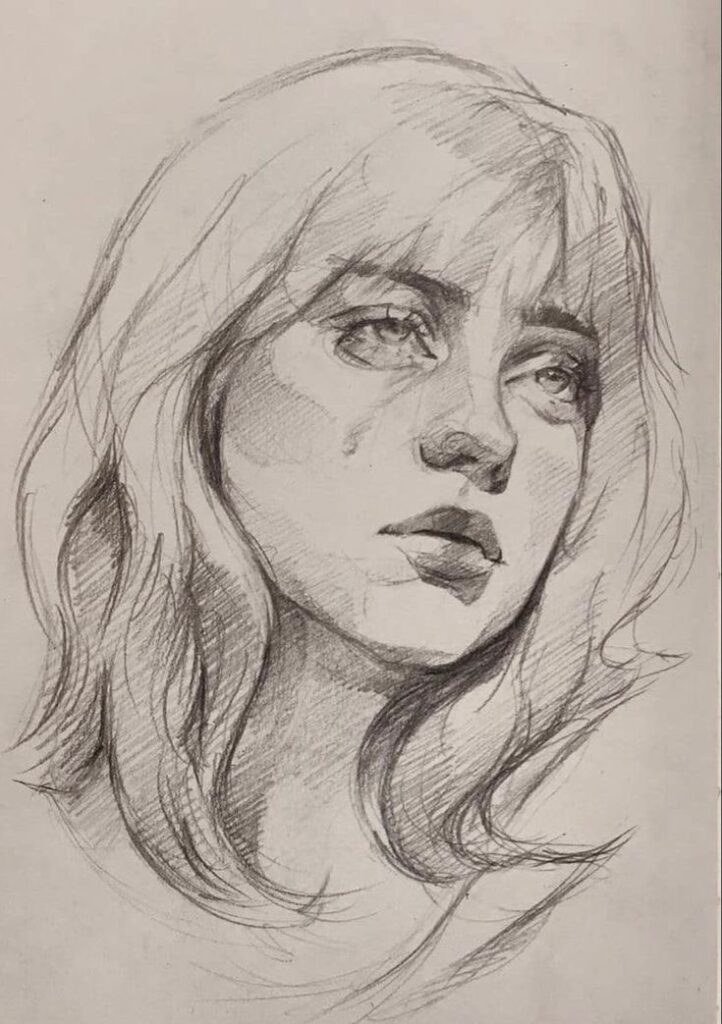 A pencil sketch of a woman with shoulder-length hair, looking upwards with sad eyes and tears on her cheek.